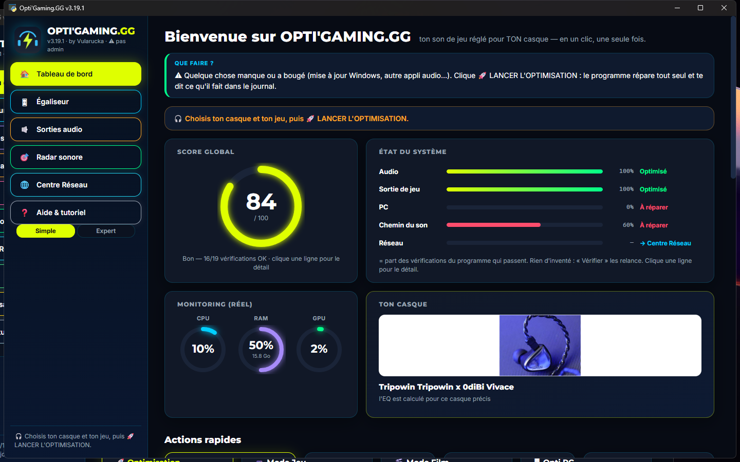 Tableau de bord d'Opti'Gaming.GG